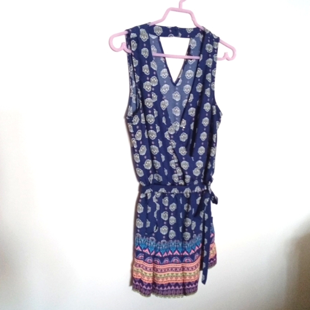 Bebop Blue Bohemian Medallion & Border Print With Pockets Romper Small